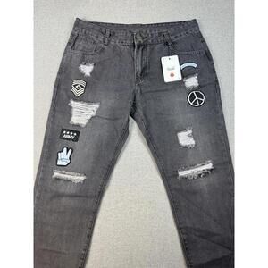 Reverb Men’s Black Distressed Destroyed Jeans with patchwork-new with tags